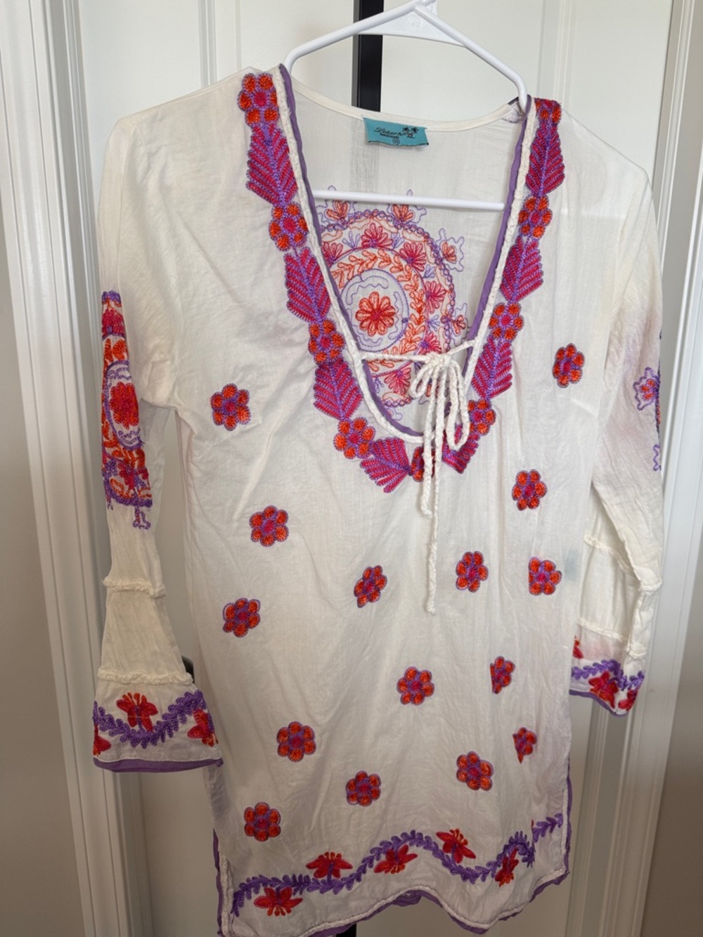 Letarte White Tunic with Purple and Red Embroidery